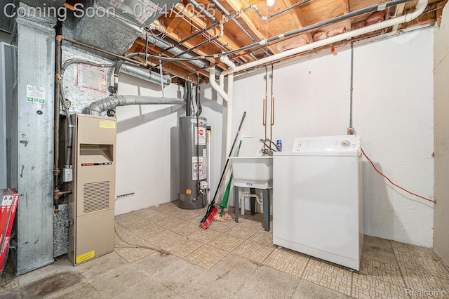 35638 Stillmeadow Ln, Clinton Township, MI 48035 - unfinished basement featuring washer / clothes dryer, water heater, tile patterned floors, and a sink