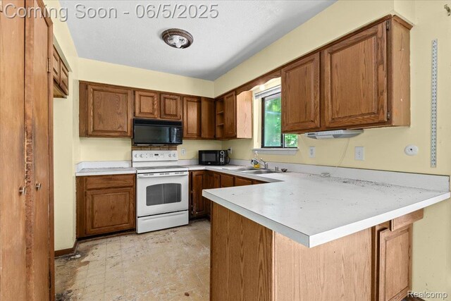 13041 Big Lake Rd, Davisburg, MI 48350 - kitchen featuring black microwave, electric range, a peninsula, and a sink