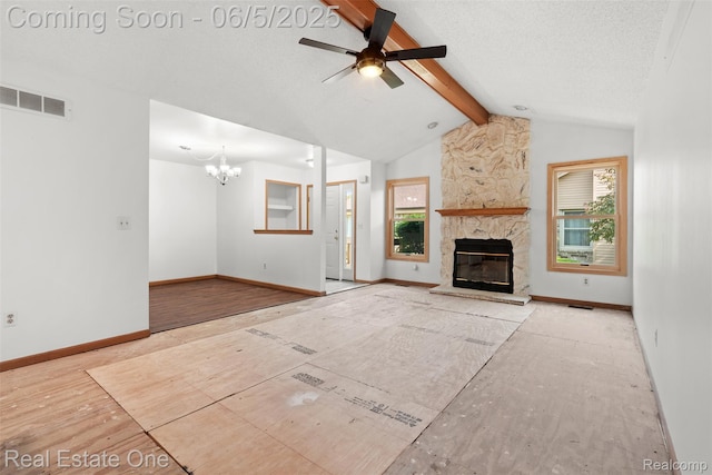 2343 Heritage Pointe Dr Unit 29, Sterling Heights, MI 48314 - unfurnished living room with a chandelier, ceiling fan, a fireplace, baseboards, and wood finished floors