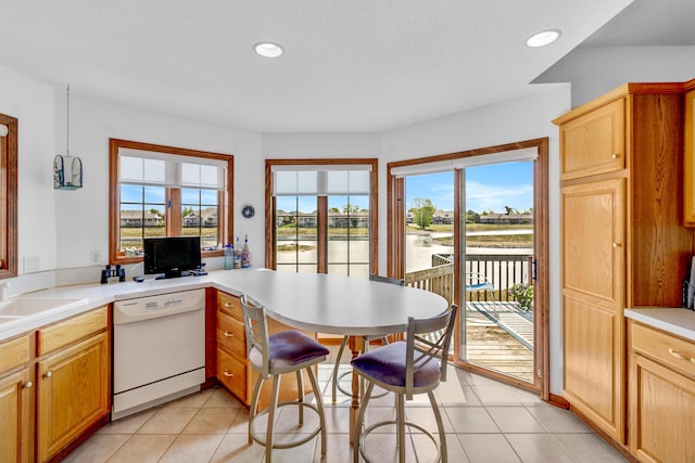 3547 Sand Bar Ct, Muskegon, MI 49441 - kitchen with white dishwasher, a sink, recessed lighting, light countertops, and a peninsula