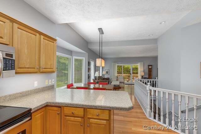 458 Amity St, Douglas, MI 49406 - kitchen featuring a peninsula, light wood-style flooring, open floor plan, stainless steel appliances, and light countertops