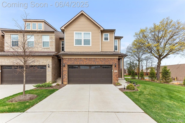 1675 Addison Cir, Walled Lake, MI 48390 - view of front of property with a garage, a front lawn, concrete driveway, and brick siding