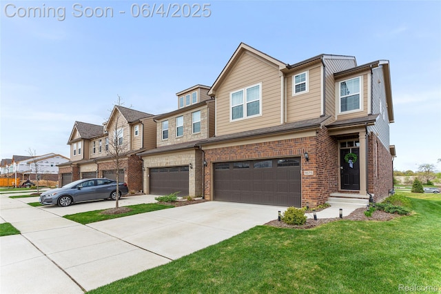 1675 Addison Cir, Walled Lake, MI 48390 - multi unit property with a garage, brick siding, concrete driveway, a front lawn, and a residential view