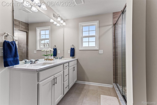 1675 Addison Cir, Walled Lake, MI 48390 - full bathroom featuring double vanity, tile patterned flooring, baseboards, and tiled shower