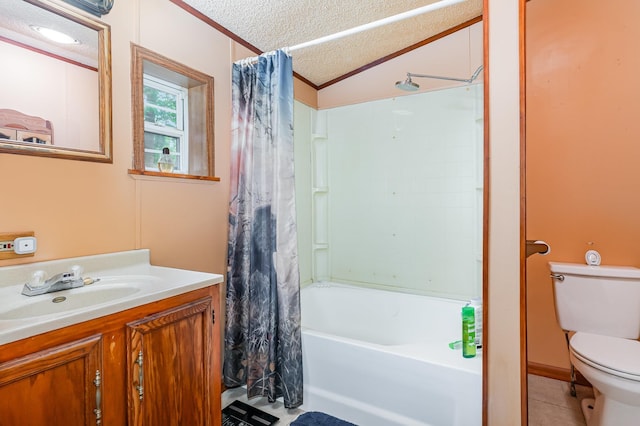 8836 Ora Lake Rd, Hale, MI 48739 - full bath with vanity, toilet, a textured ceiling, shower / bathtub combination with curtain, and tile patterned floors