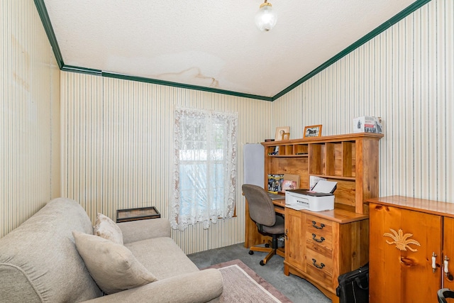 8836 Ora Lake Rd, Hale, MI 48739 - carpeted office with crown molding, wallpapered walls, and a textured ceiling
