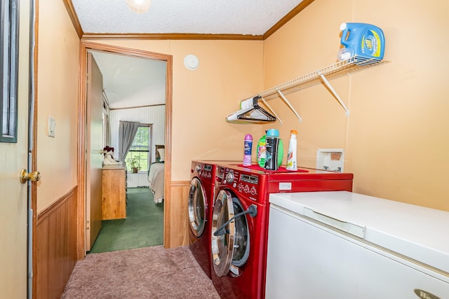 8836 Ora Lake Rd, Hale, MI 48739 - laundry room with carpet flooring, washer and dryer, crown molding, a wainscoted wall, and a textured ceiling