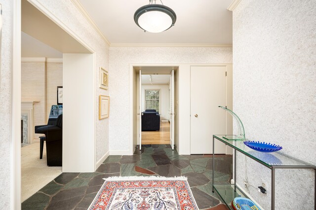 1060 Chestnut St, Ann Arbor, MI 48104 - corridor with crown molding and stone finish flooring