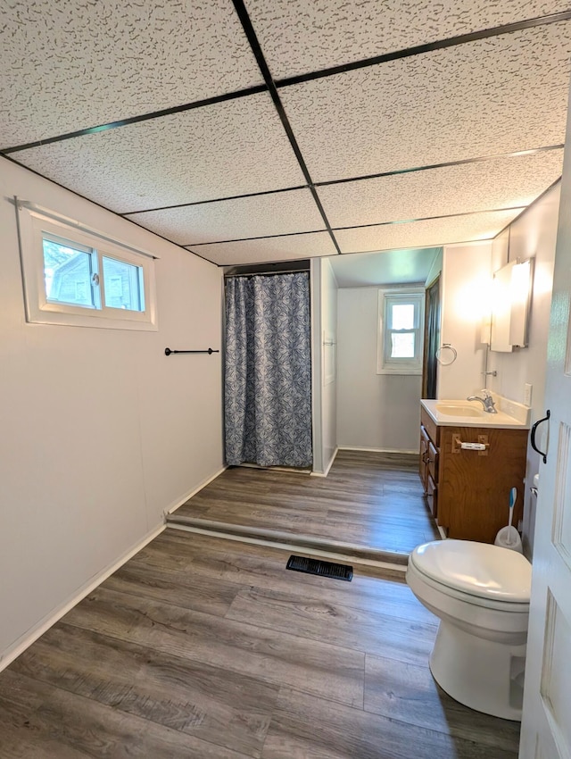 112 Howard St, Gobles, MI 49055 - bathroom featuring vanity, toilet, wood finished floors, and baseboards
