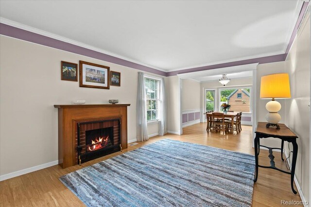 7672 Admiralty Dr, Canton, MI 48187 - living room featuring crown molding, wood finished floors, a fireplace, and baseboards