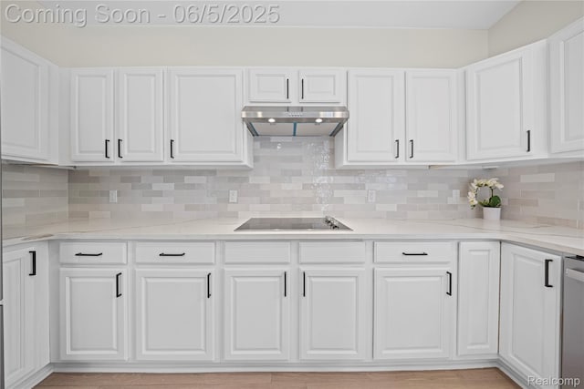 4610 Woodbine Cir W, Bloomfield, MI 48323 - kitchen featuring black electric cooktop, under cabinet range hood, white cabinetry, tasteful backsplash, and light stone countertops