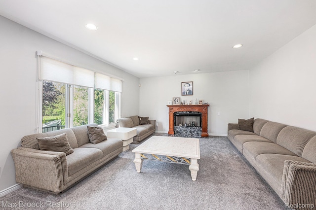 6011 Maple Frst, West Bloomfield, MI 48322 - living area with carpet floors, recessed lighting, baseboards, and a fireplace with flush hearth