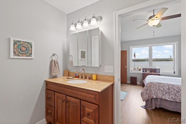 8400 Horton Beach Dr, Manitou Beach, MI 49253 - bathroom with vanity, a ceiling fan, wood finished floors, and baseboards