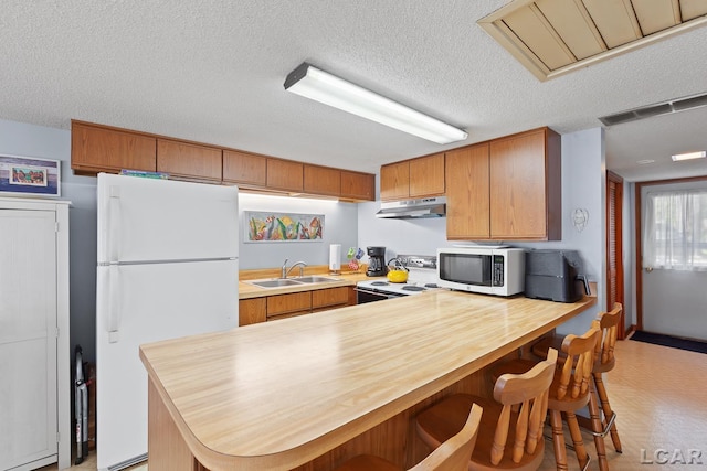 8400 Horton Beach Dr, Manitou Beach, MI 49253 - kitchen with white appliances, under cabinet range hood, a peninsula, a sink, and brown cabinets