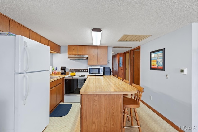 8400 Horton Beach Dr, Manitou Beach, MI 49253 - kitchen featuring white appliances, under cabinet range hood, butcher block countertops, light flooring, and a breakfast bar area