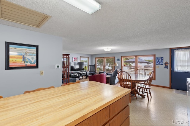 8400 Horton Beach Dr, Manitou Beach, MI 49253 - kitchen featuring a textured ceiling, baseboards, wood counters, and open floor plan
