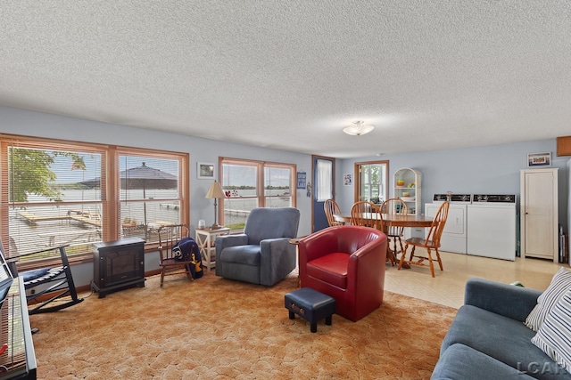 8400 Horton Beach Dr, Manitou Beach, MI 49253 - living room with washer and dryer and a textured ceiling