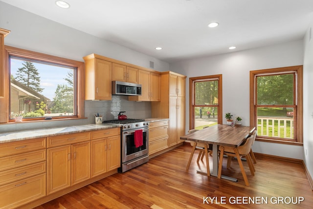 2229 Brighton St, Holland, MI 49424 - kitchen with appliances with stainless steel finishes, light wood-style floors, decorative backsplash, recessed lighting, and baseboards