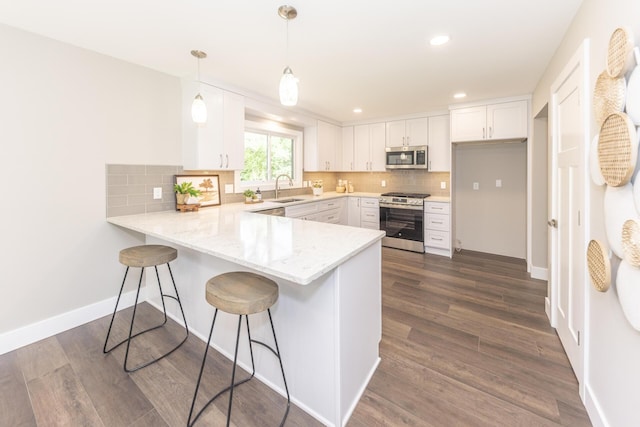 2971 Daleview Dr, Ann Arbor, MI 48105 - kitchen with stainless steel appliances, a peninsula, white cabinets, tasteful backsplash, and dark wood finished floors