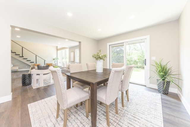 2971 Daleview Dr, Ann Arbor, MI 48105 - dining area featuring stairs, healthy amount of natural light, baseboards, recessed lighting, and wood finished floors