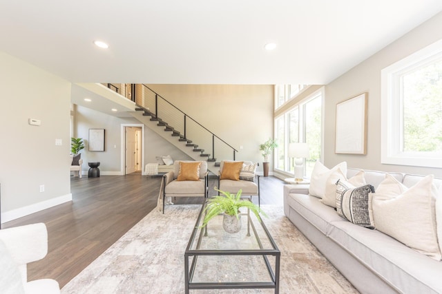 2971 Daleview Dr, Ann Arbor, MI 48105 - living room with stairs, wood finished floors, recessed lighting, and baseboards