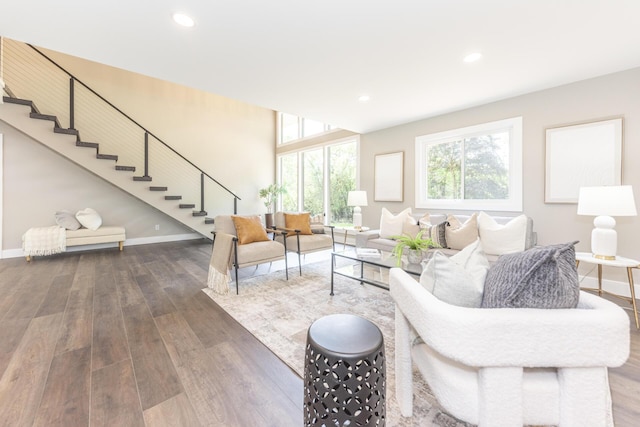 2971 Daleview Dr, Ann Arbor, MI 48105 - living room with stairs, baseboards, wood finished floors, and recessed lighting