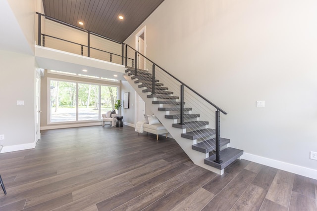 2971 Daleview Dr, Ann Arbor, MI 48105 - staircase with wood finished floors, a high ceiling, recessed lighting, and baseboards