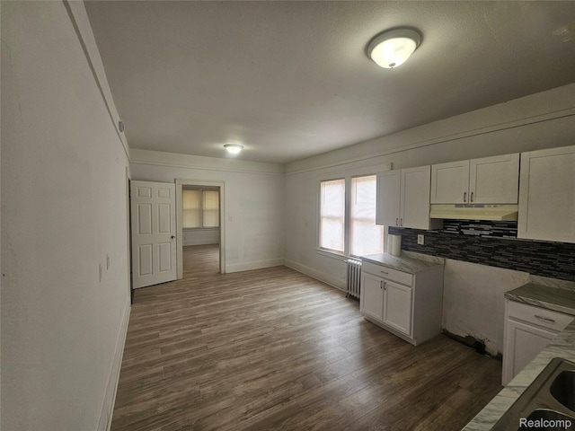 48 W Charlotte St, Ecorse, MI 48229 - kitchen with radiator, baseboards, dark wood finished floors, white cabinetry, and tasteful backsplash