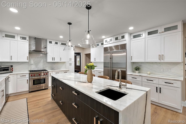 3546 Bloomfield Club Dr, Bloomfield Hills, MI 48301 - kitchen with premium appliances, wall chimney exhaust hood, a sink, a center island with sink, and white cabinetry