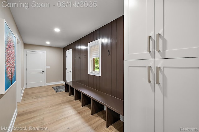 3546 Bloomfield Club Dr, Bloomfield Hills, MI 48301 - mudroom featuring baseboards, light wood-type flooring, recessed lighting, and wood walls