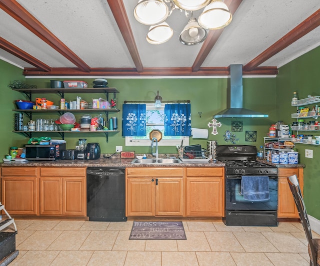 405 E Saginaw St, Saint Louis, MI 48880 - kitchen featuring black appliances, wall chimney exhaust hood, a sink, beamed ceiling, and open shelves