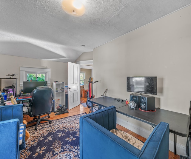 405 E Saginaw St, Saint Louis, MI 48880 - home office with wood finished floors, a textured ceiling, and vaulted ceiling