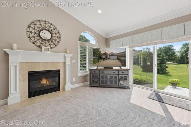 446 Delmar Ct, Highland, MI 48357 - unfurnished living room featuring a premium fireplace, ornamental molding, lofted ceiling, and baseboards
