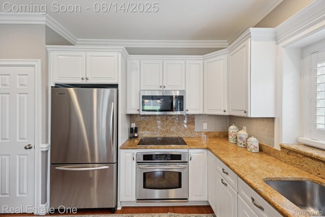 446 Delmar Ct, Highland, MI 48357 - kitchen featuring stainless steel appliances, white cabinets, ornamental molding, tasteful backsplash, and light stone countertops