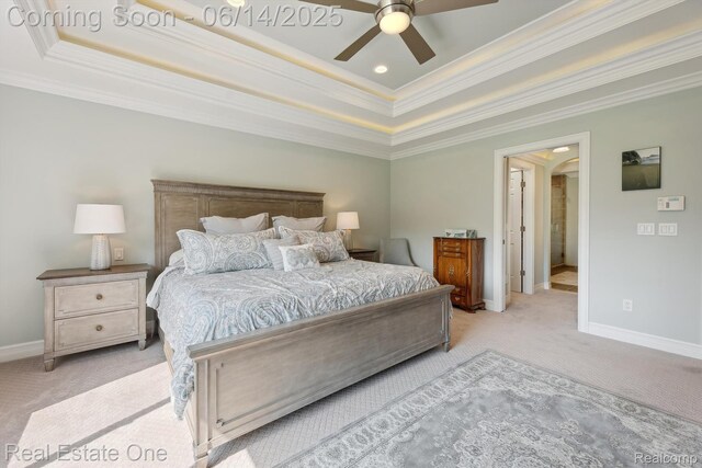 446 Delmar Ct, Highland, MI 48357 - bedroom featuring a tray ceiling, crown molding, light colored carpet, arched walkways, and baseboards