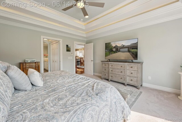 446 Delmar Ct, Highland, MI 48357 - bedroom featuring crown molding, light colored carpet, a raised ceiling, baseboards, and ceiling fan