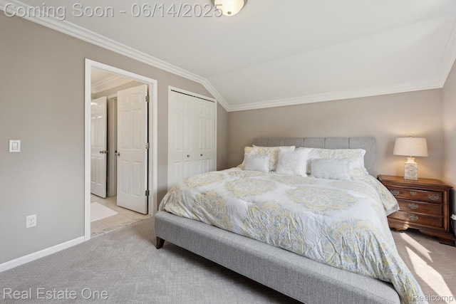 446 Delmar Ct, Highland, MI 48357 - carpeted bedroom featuring crown molding, baseboards, a closet, and lofted ceiling