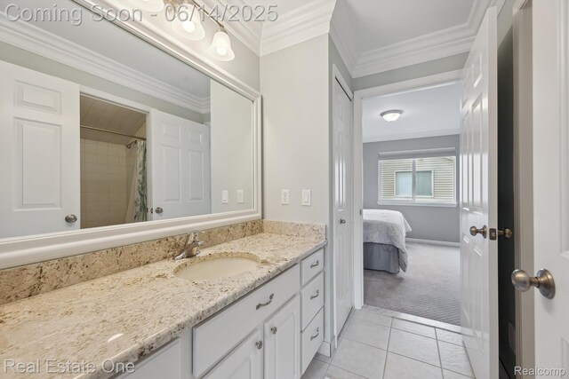 446 Delmar Ct, Highland, MI 48357 - ensuite bathroom featuring vanity, tile patterned flooring, ornamental molding, and curtained shower