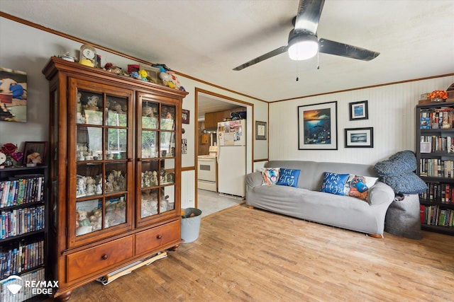 7131 Houghton Dr, Davison, MI 48423 - living room featuring crown molding, wood finished floors, and ceiling fan