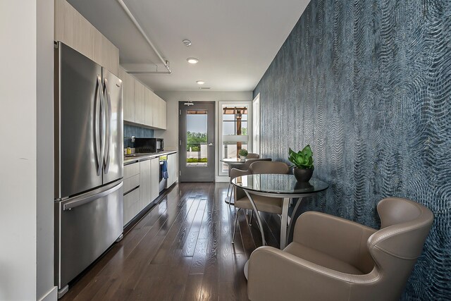 218 W Kingsley St Unit 507, Ann Arbor, MI 48103 - kitchen with freestanding refrigerator, modern cabinets, dark wood-style flooring, recessed lighting, and wall oven