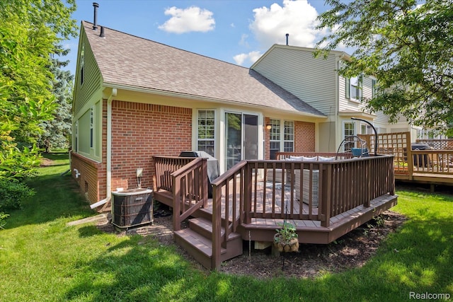 43687 Christopher Ct, Canton, MI 48188 - rear view of house featuring brick siding, roof with shingles, central AC unit, and a lawn