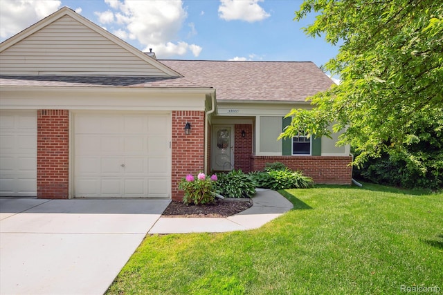 43687 Christopher Ct, Canton, MI 48188 - view of front facade featuring brick siding, a shingled roof, concrete driveway, a front yard, and an attached garage