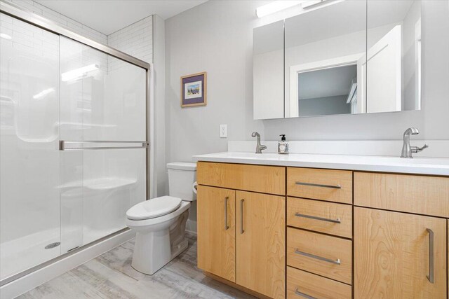 4067 Hillside Trl, New Buffalo, MI 49117 - bathroom featuring double vanity, toilet, and a stall shower
