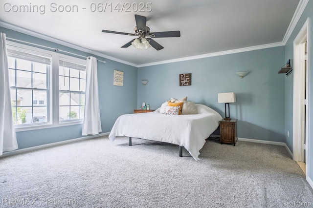 2858 Au Gres River Dr, Fowlerville, MI 48836 - carpeted bedroom featuring crown molding, baseboards, and ceiling fan