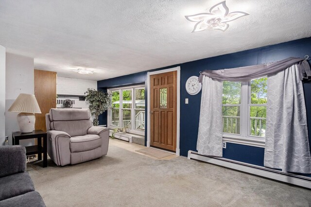 4468 Teal Ln, Newaygo, MI 49337 - carpeted living room featuring a baseboard radiator and a textured ceiling