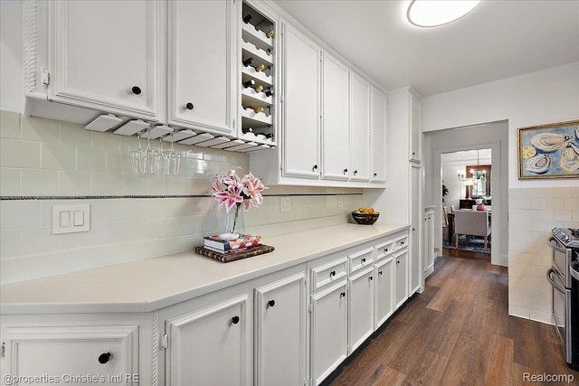 676 Washington Rd, Grosse Pointe, MI 48230 - kitchen with white cabinets, dark wood-style flooring, light countertops, decorative backsplash, and stainless steel gas range