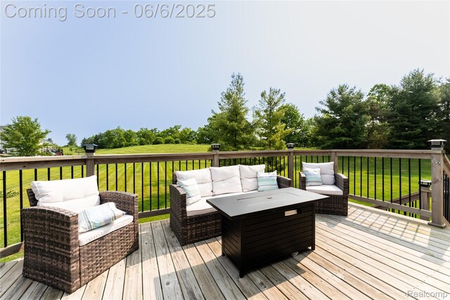 2327 Cherry Tree Ln, Grand Blanc, MI 48439 - deck featuring an outdoor hangout area, a lawn, and view of scattered trees