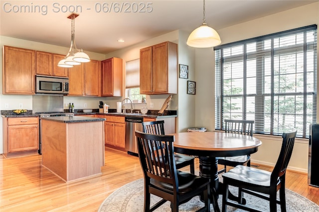 2327 Cherry Tree Ln, Grand Blanc, MI 48439 - kitchen with stainless steel appliances, a kitchen island, light wood finished floors, dark countertops, and pendant lighting