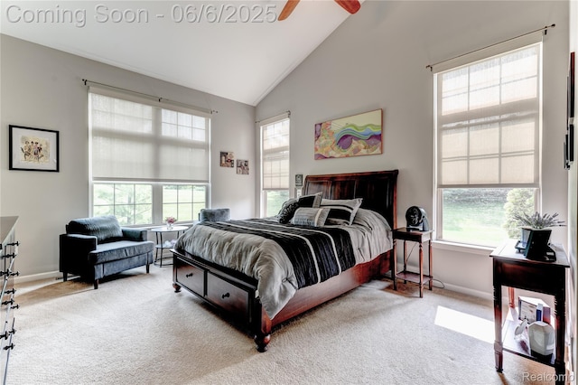 2327 Cherry Tree Ln, Grand Blanc, MI 48439 - carpeted bedroom featuring multiple windows, baseboards, high vaulted ceiling, and ceiling fan