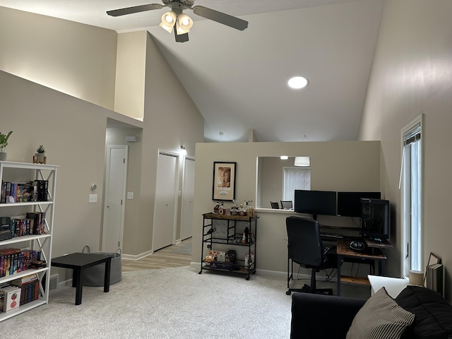 335 Nestlewood Dr, Holland, MI 49424 - carpeted office featuring high vaulted ceiling, ceiling fan, and baseboards